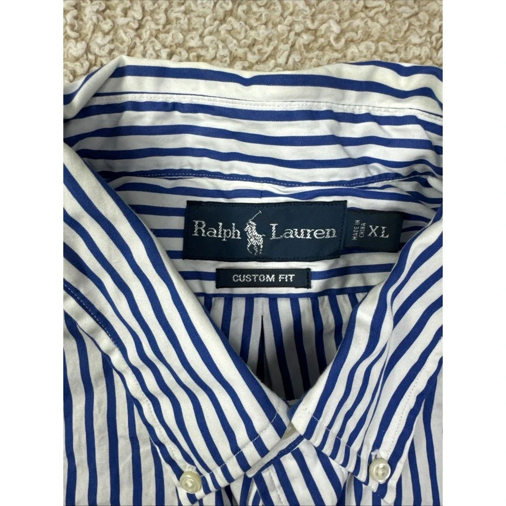 Polo Ralph Lauren Shirt Mens XL Blue Striped Custom Fit Button Down Pony 17.5